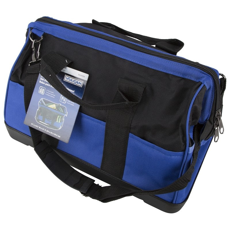 Vulcan JL-89022P Contractor's Tool Bag, 9-1/2 in W, 17 in D, 12 in H, 22-Pocket, Nylon, Black/Blue