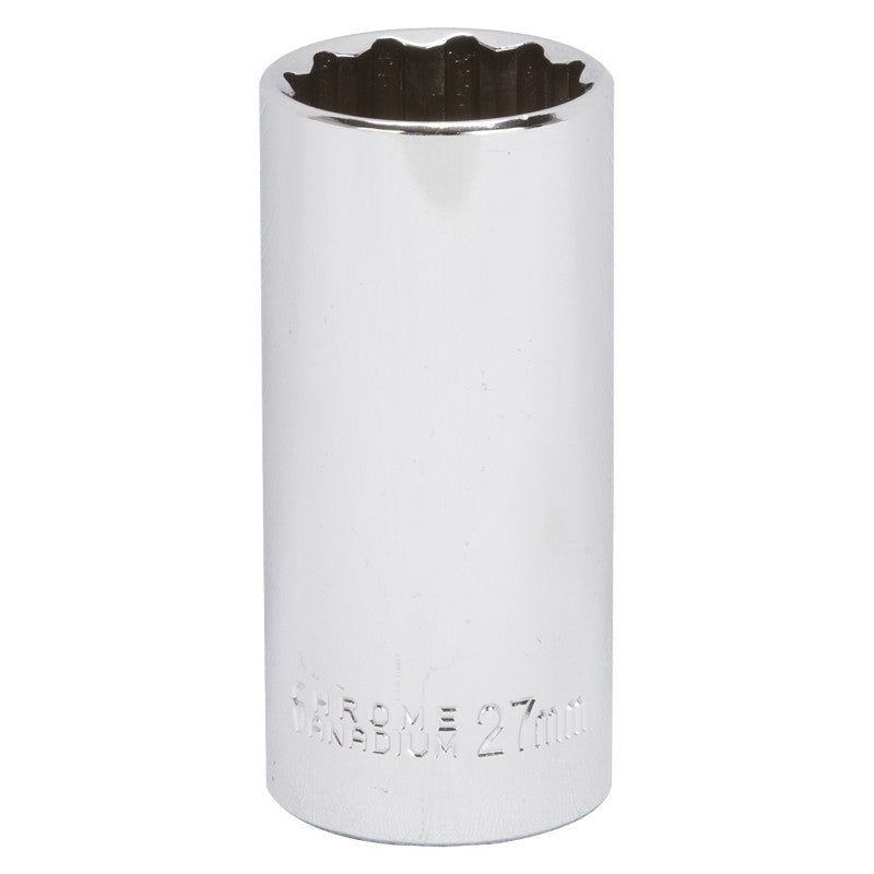 Vulcan MT6528987 Drive Socket, 27 mm Socket, 1/2 in Drive, 12-Point, Chrome Vanadium Steel, Chrome (POS)