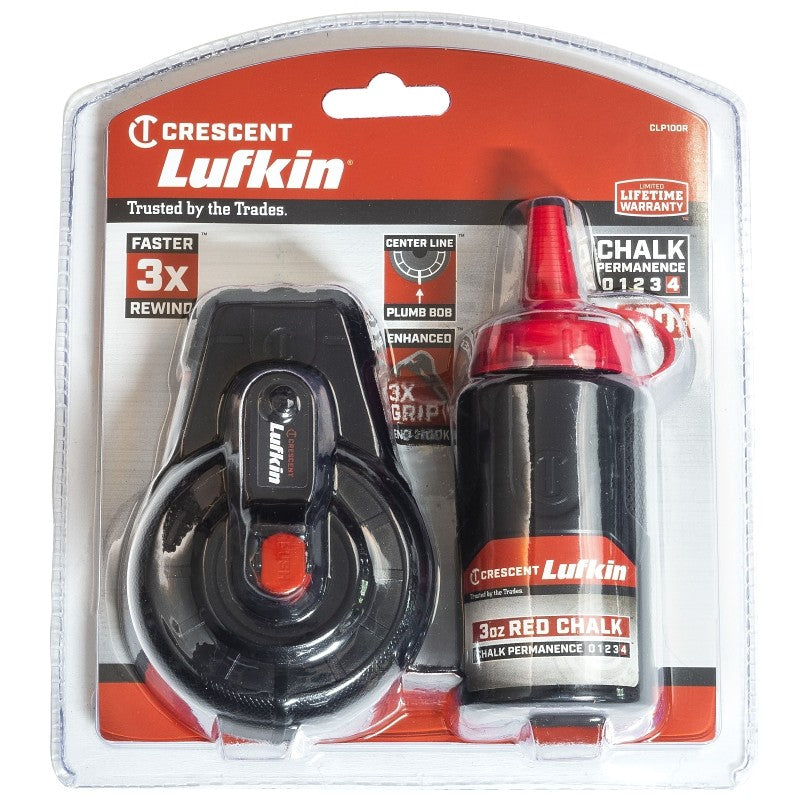 Crescent Lufkin CLP100R Chalk Reel, 3 oz Chalk Capacity, 100 ft L Line, Gear Rewind, 3:1 Gear Ratio, Red