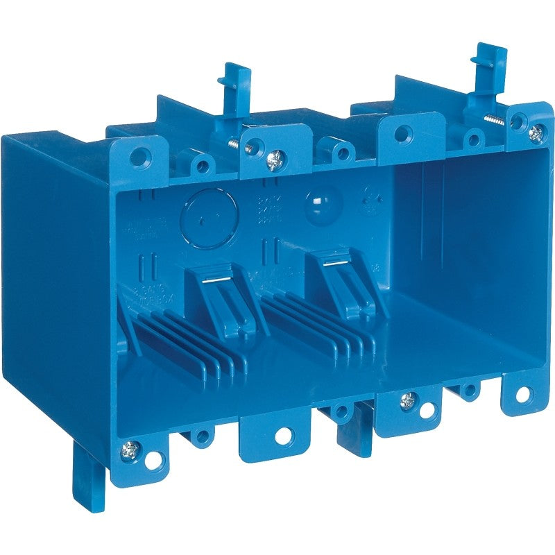 Carlon B355R Outlet Box, 3 -Gang, PVC, Blue, Clamp Mounting