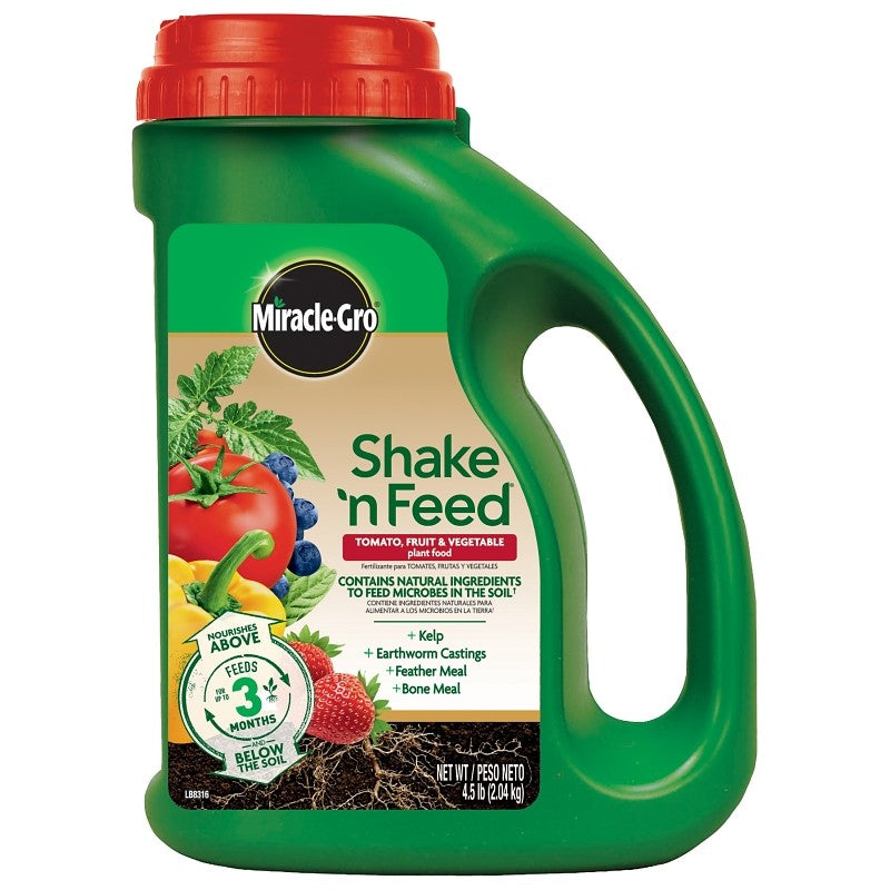 Miracle-Gro Shake 'n Feed 3002601 Tomato/Fruit and Vegetable Plant Food, 4.5 lb Jug, Solid, 10-5-15 N-P-K Ratio