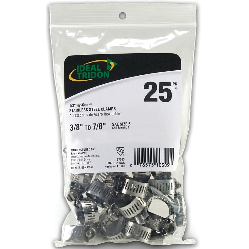 Ideal-Tridon Hy-Gear 67-6 Series 6706550 Worm Gear Hose Clamp, #6, 3/8 to 7/8 in, Stainless Steel