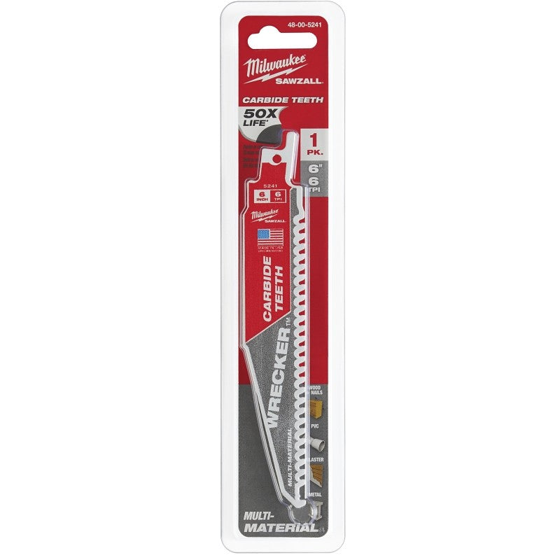 Milwaukee WRECKER 48-00-5241 Reciprocating Saw Blade, 6 in L, 6 TPI, Carbide Cutting Edge