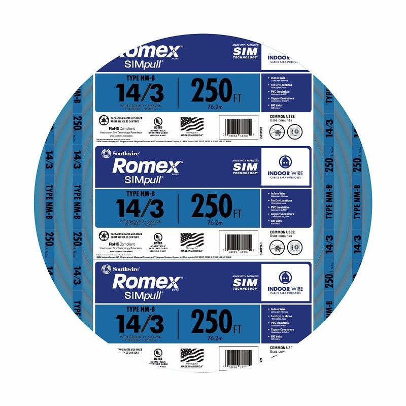Romex 14/3NM-WGX250 Building Wire, 14 AWG Wire, 3-Conductor, 250 ft L, Copper Conductor, PVC Insulation, Nylon Sheath