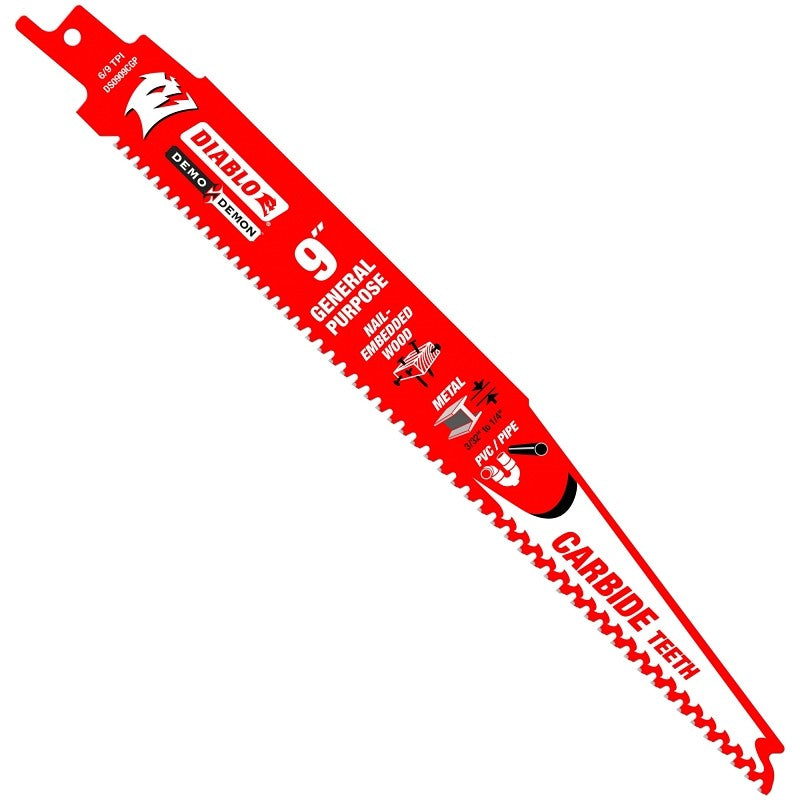 Diablo DS0909CGP Series Reciprocating Saw Blade, Applicable Materials: Metal, Wood, 9 in L, 6/9 TPI, 1/PK