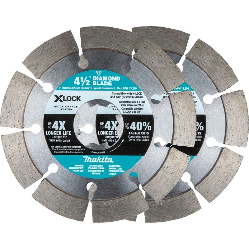 Makita X-LOCK E-07200 Series Blade, Diamond Blade, 4-1/2 in Dia, 7/8 in Arbor, Segmented Rim, 2/PK