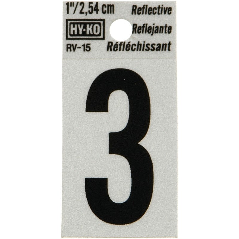 Hy-Ko RV-15/3 Reflective Sign, Character: 3, 1 in H Character, Black Character, Silver Background, Vinyl (Pack of 10)