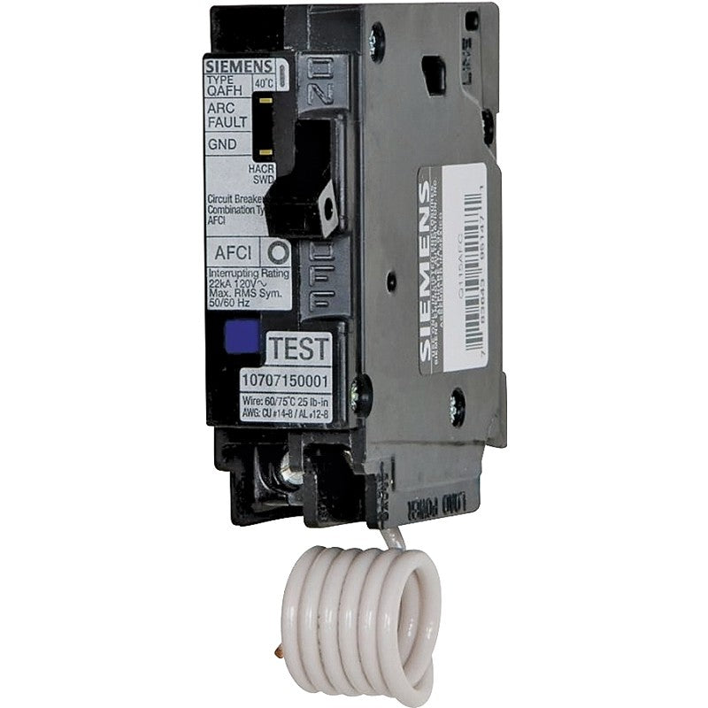 Siemens QA120AFC Circuit Breaker, AFCI, Combination, 20 A, 1 -Pole, 120/240 V, Fixed Trip, Plug Mounting
