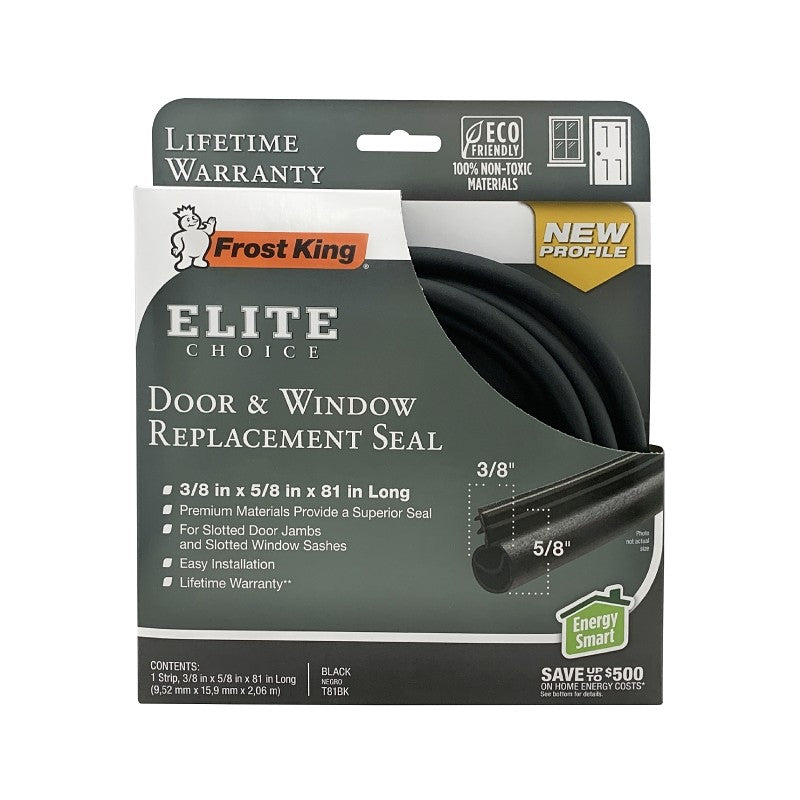 Frost King T81BK Bulb Shape Door Weatherseal, 3/8 in W, 5/8 in Thick, 81 in L, Rubber, Black