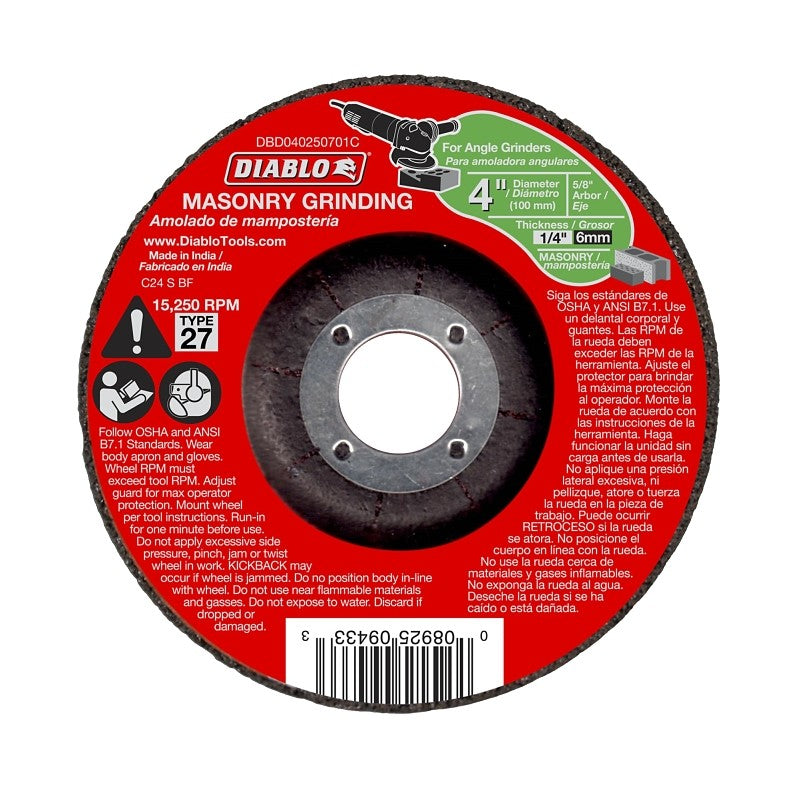 Diablo DBD040250701C Grinding Wheel, Applicable Materials: Cement, Cinder, Paver Stone, 4 in Dia, 1/4 in Thick