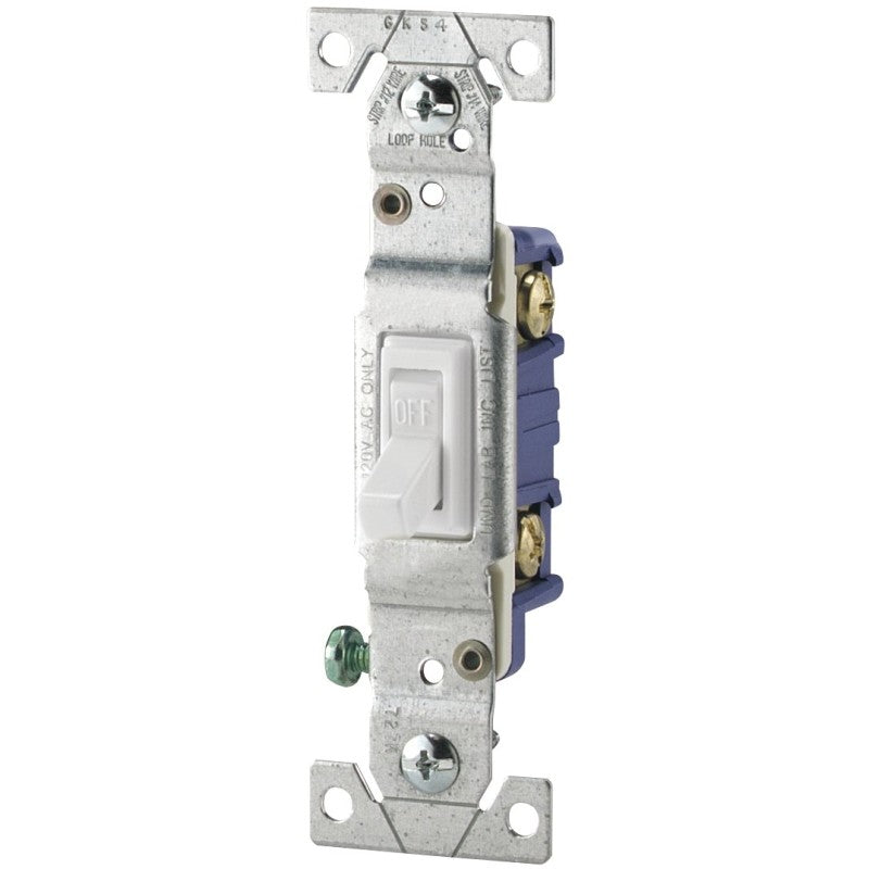 Eaton Wiring Devices 1301-7W Series Toggle Switch, White, 15 A, 120 V, 4.2 in L x 1.3 in W x 1.103 in D Dimension