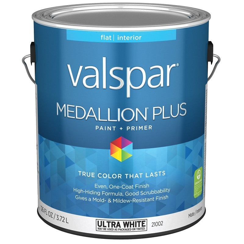 Valspar Medallion Plus 2100 028.0021002.007 Latex Paint, Acrylic Base, Flat Sheen, Ultra White Base, 1 gal (Pack of 4)