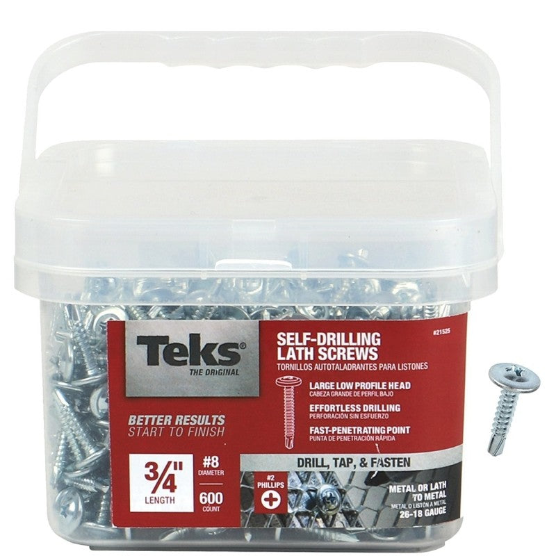 Teks 21525 Lath Screw, #8 Thread, Truss Head, Phillips Drive, Self-Drilling Point, Steel, Zinc, 600 PK