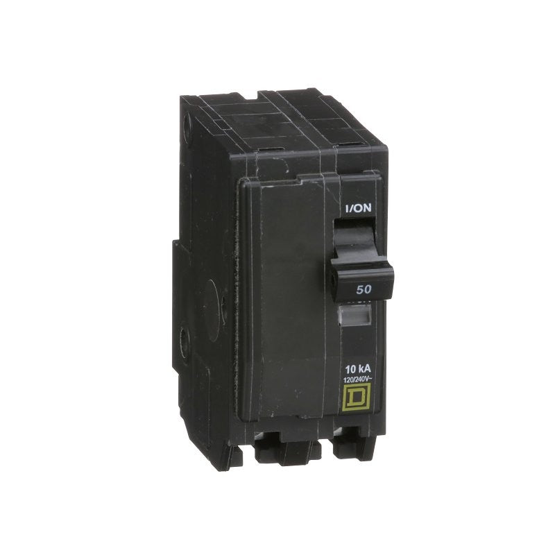 Square D QO QO250CP Circuit Breaker, Mini, 50 A, 2-Pole, 120/240 VAC, 48 VDC, Plug, Black