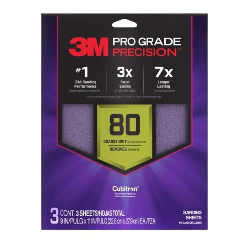Pro Grade Precision SHR80-PGP-3T Sanding Sheet, 9 in L, 11 in W, Coarse, 80 Grit, Ceramic Alumina Abrasive
