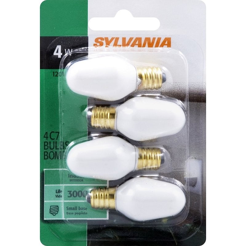 Sylvania 13553 Incandescent Lamp, White Lamp, 4 W, Candelabra E12 Lamp Base, C7 Lamp, 16 Lumens, 2850 K Color Temp