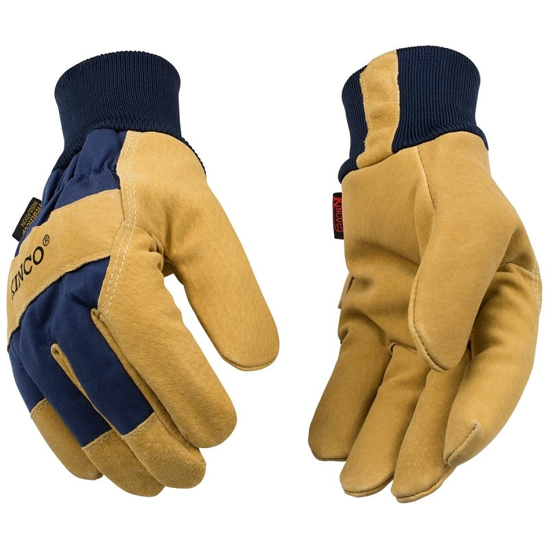 Heatkeep 1926KW-L Work Gloves, Men's, L, Wing Thumb, Easy-On, Shirred Elastic Cuff, Blue/Gold