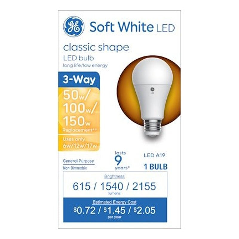 GE 93130566 LED Bulb, 3-Way, A19 Lamp, 50/100/150 W Equivalent, Medium Lamp Base, Soft White Light, 2700 K Color Temp