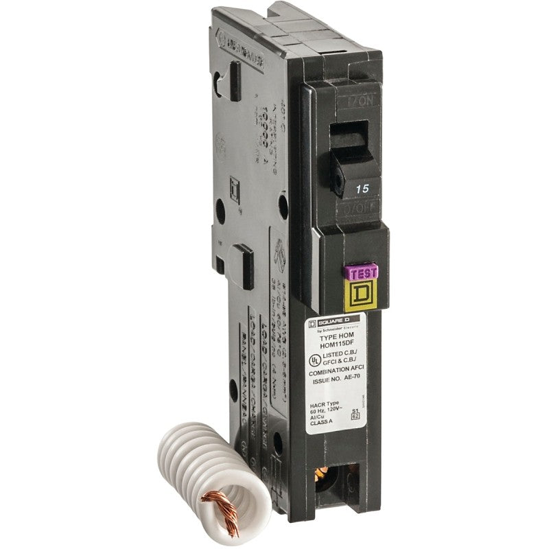 Square D HOM115DFC Circuit Breaker, Dual Function, Mini, 15 A, 1-Pole, Plug, 120 V