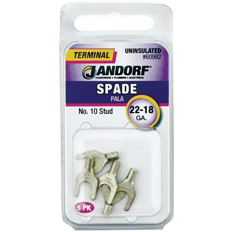 Jandorf 60982 Spade Terminal, 600 V, 22 to 18 AWG Wire, #10 Stud, Copper Contact, 5/PK