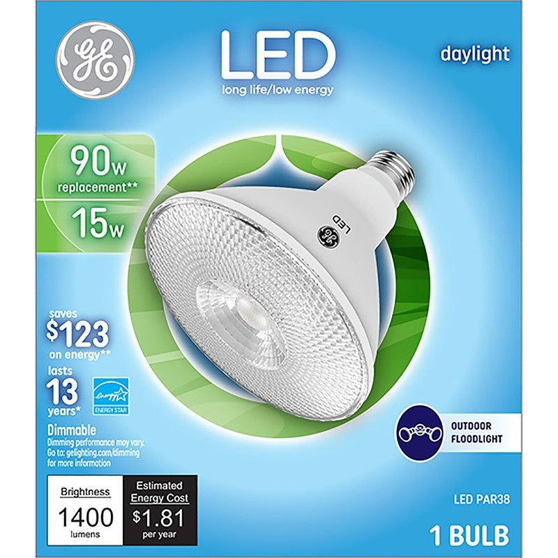 GE 38453 LED Bulb, Flood/Spotlight, 1400 Lumens, 15 W, PAR38 Lamp, 90 W Equivalent, E26 Lamp Base, Dimmable, Daylight