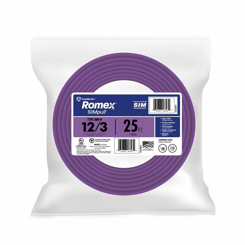 Southwire 12/3NM-WGX25 Sheathed Cable, 12 AWG Wire, 3-Conductor, 25 ft L, Copper Conductor, PVC Insulation