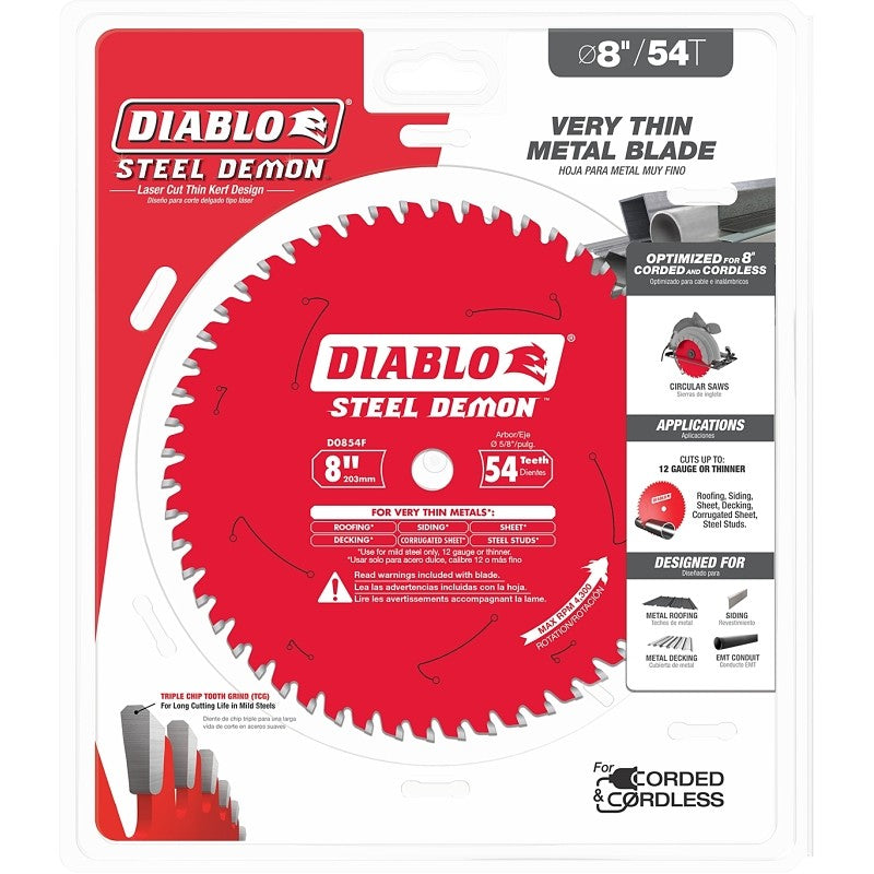 Diablo Steel Demon D0854F Saw Blade, 8 in Dia, 5/8 in Arbor, 54-Teeth, Carbide Cutting Edge