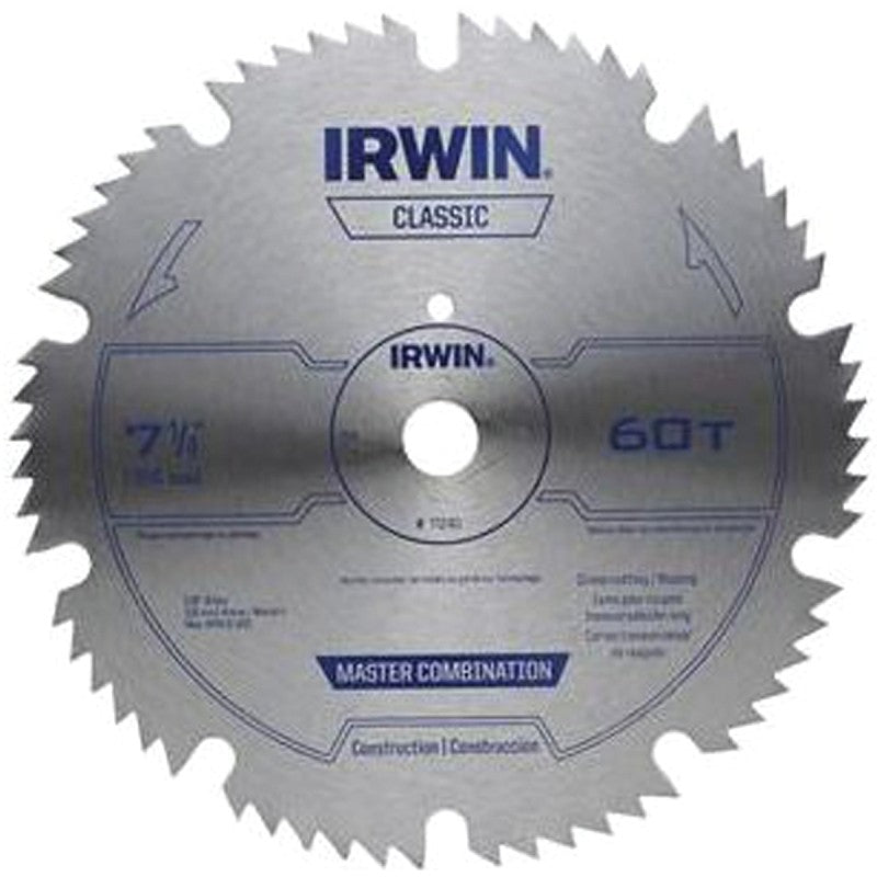 Irwin 11240 Circular Saw Blade, 7-1/4 in Dia, 5/8 in Arbor, 60-Teeth, Carbon Steel Cutting Edge