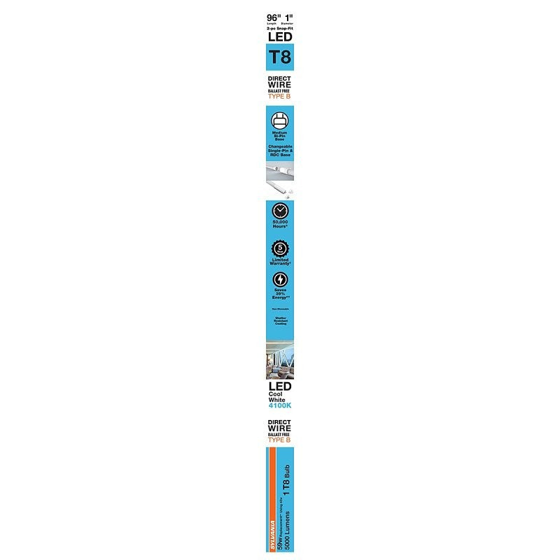 Sylvania 41098 LED Bulb, Linear, T8 Lamp, FA8 Single-Pin Lamp Base, Frosted, Cool White Light, 4100 K Color Temp