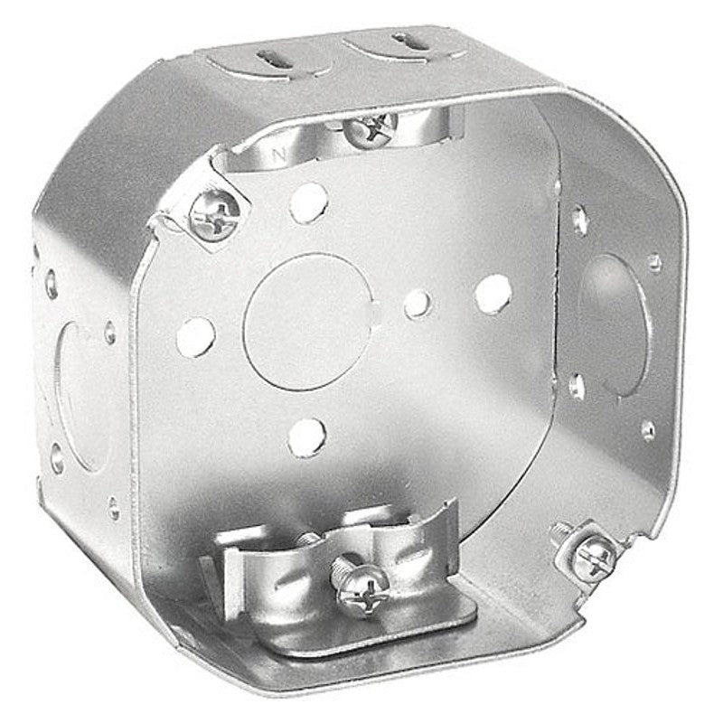 Southwire 54151-R-UPC Octagon Box, 4 in OAW, 1-1/2 in OAD, 7-Knockout, Steel Housing Material, Silver, Galvanized