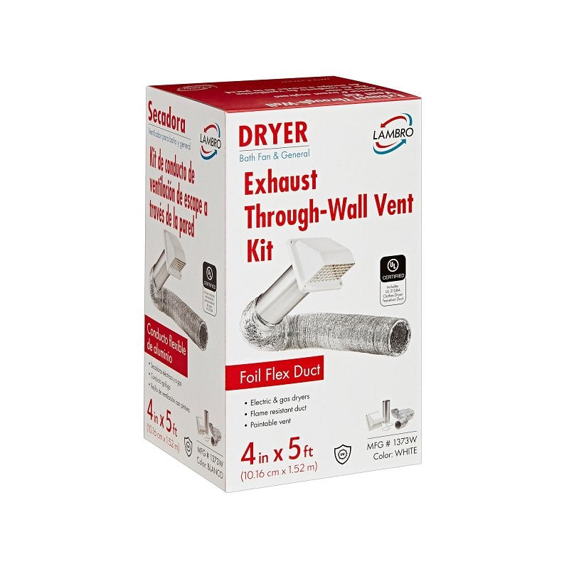 Lambro 1373W Wall Hood Vent Kit, Plastic, White, Includes: (1) 4 x 11 in Aluminum Snap Lock Tail Pipe, 10/PK