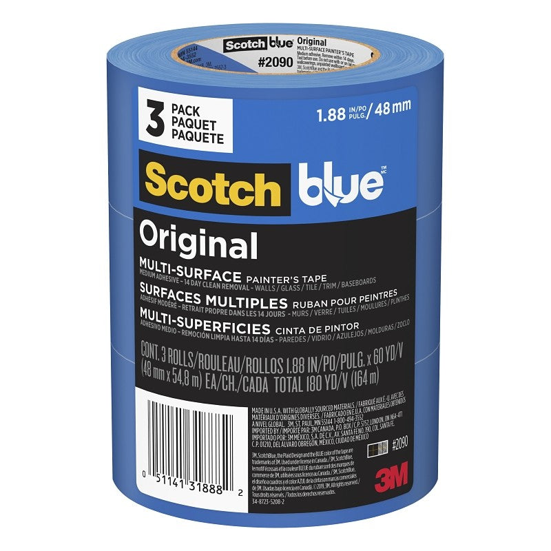 ScotchBlue 2090-48EVP Painter's Tape, Original Multi-Surface, 60 yd L, 1.88 in W, Crepe Paper Backing, Blue, 3/PK