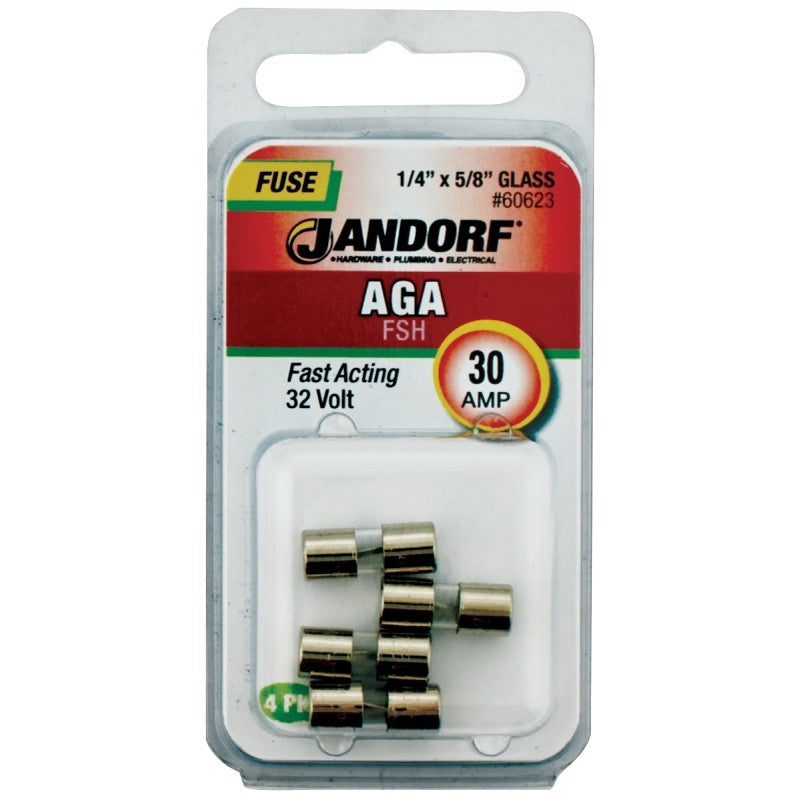 Jandorf 60623 Series Fast Acting Fuse, 0.002 Ohm, 30 A, 32 V, 1 kA Interrupt, Glass Body, 5/8 in Length