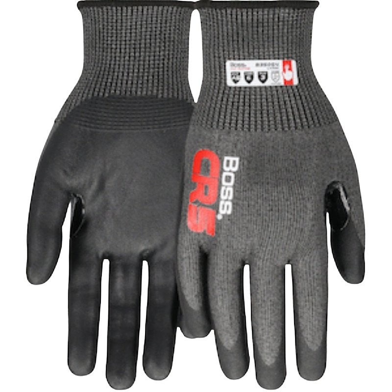 Boss CR5 B35054-L Cut-Resistant Gloves, L, Reinforced Thumb, Elastic Cuff, Nitrile Coating, Nylon, Black