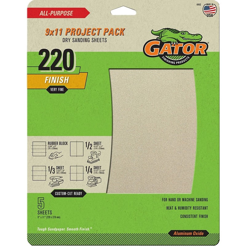 Gator 4443 Sanding Sheet, 11 in L, 9 in W, Aluminum Oxide Abrasive, 220 Grit, Extra Fine