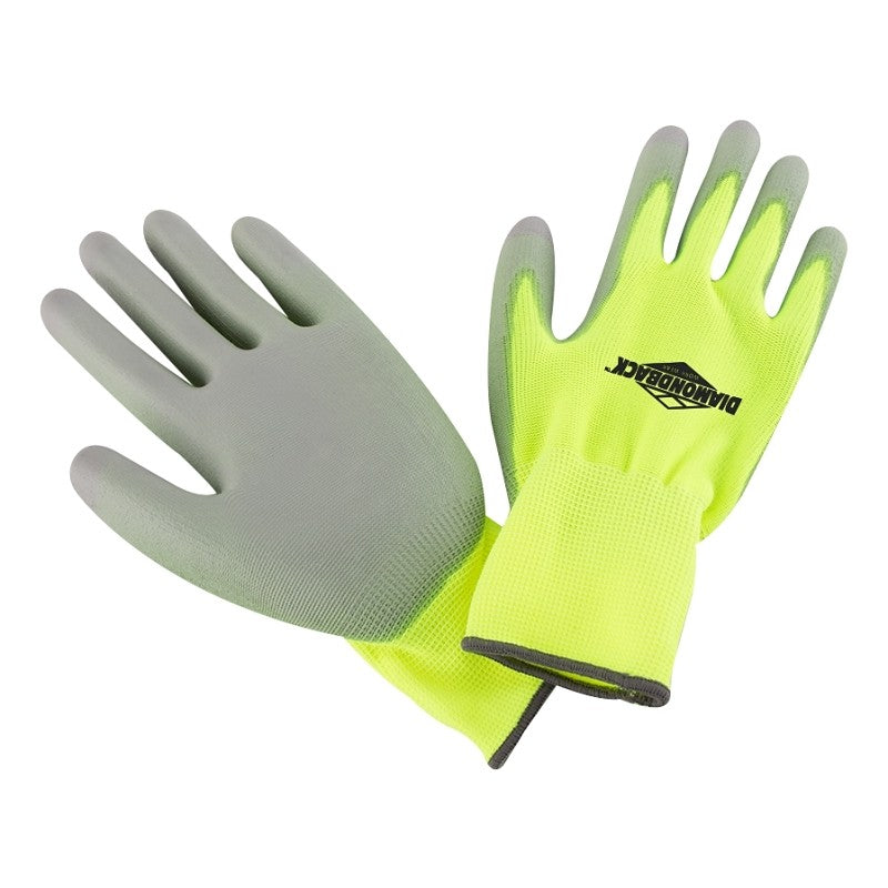 Diamondback PU6101 3-PAIR Touchscreen Hi Visibility Polyurethane Coated Palm Work Gloves, Yellow, Size: L (Pack of 12)