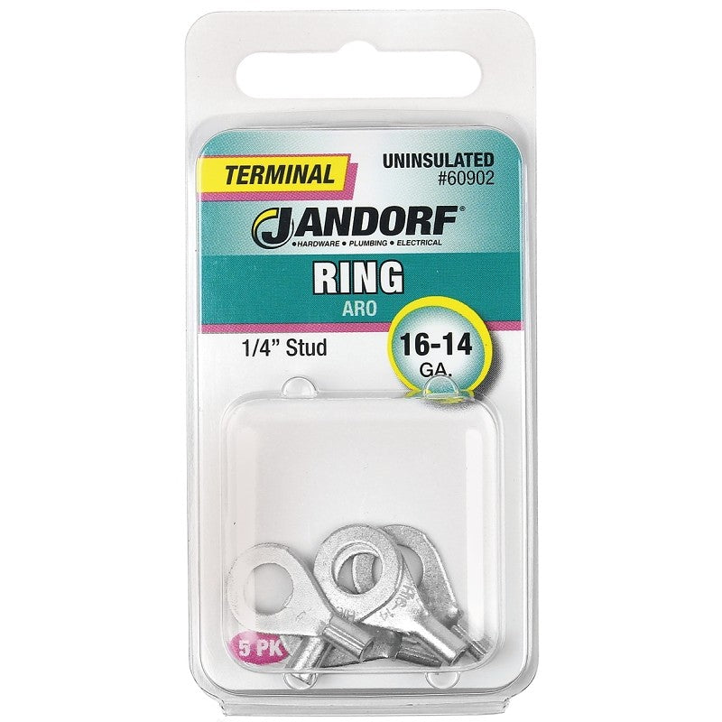 Jandorf 60902 Ring Terminal, 16 to 14 AWG Wire, 1/4 in Stud, Copper Contact