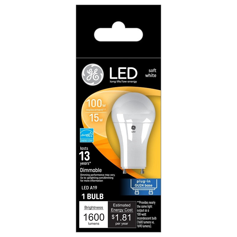 GE 93129433 LED Light Bulb, A21 Lamp, 100 W Equivalent, GU24 Lamp Base, Dimmable, Frosted, Soft White Light