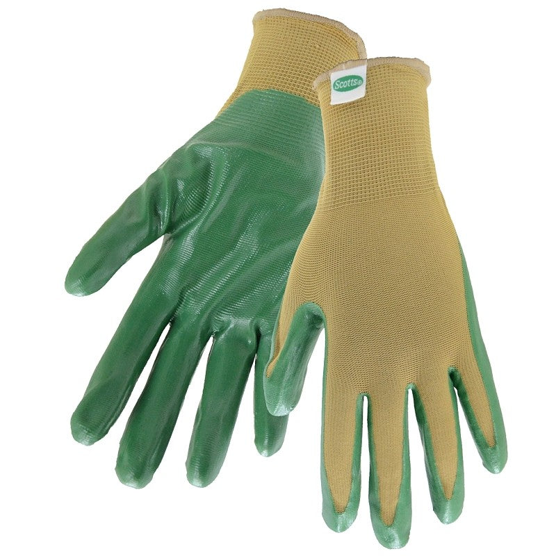 Scotts SC37121/L3P Coated Gloves, L, Knit Wrist, Seamless Cuff, Nitrile Coating, Beige/Green