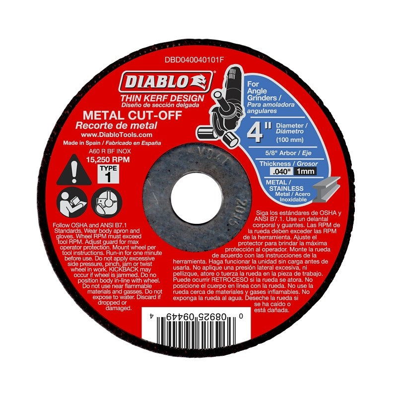 Diablo DBD040040101F Cut-Off Wheel, 4 in Dia, 0.04 in Thick, 5/8 in Arbor, Aluminum Oxide Abrasive