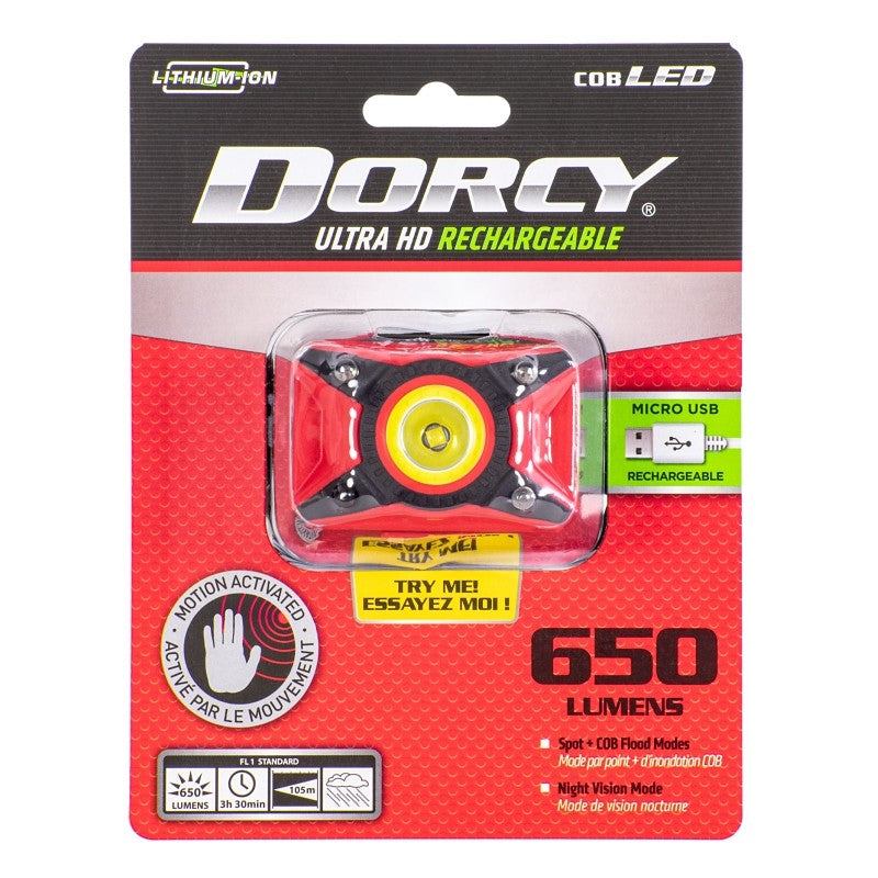 Dorcy Ultra HD 41-4337 Rechargeable Headlamp, 1200 mAh, Lithium-Ion Battery, LED Lamp, 650 Lumens, Flood, Spot Beam, Red