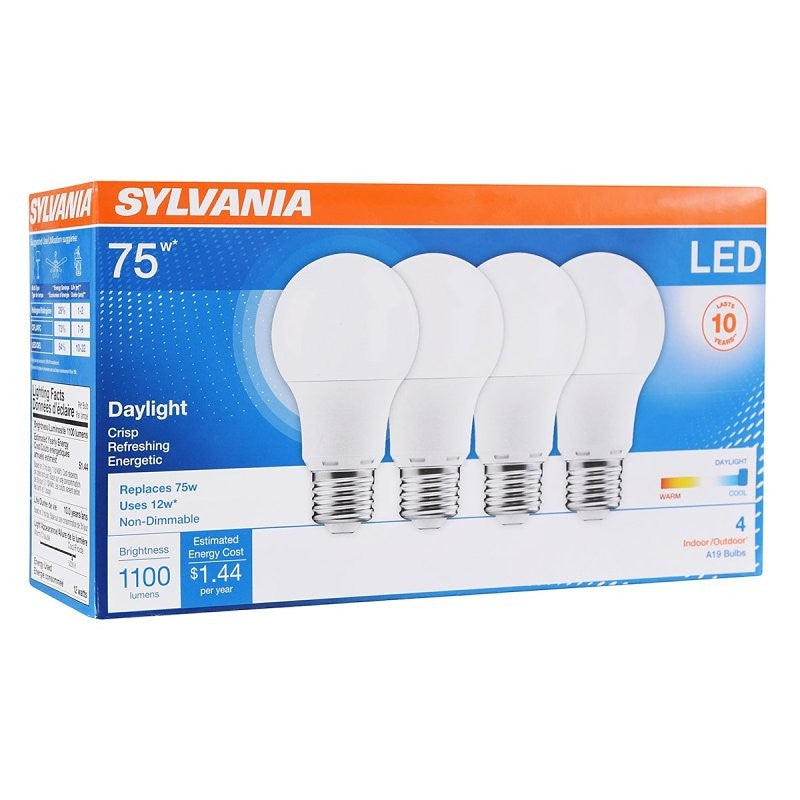 Sylvania 78100 LED Bulb, General Purpose, A19 Lamp, 75 W Equivalent, E26 Lamp Base, Frosted, Daylight Light