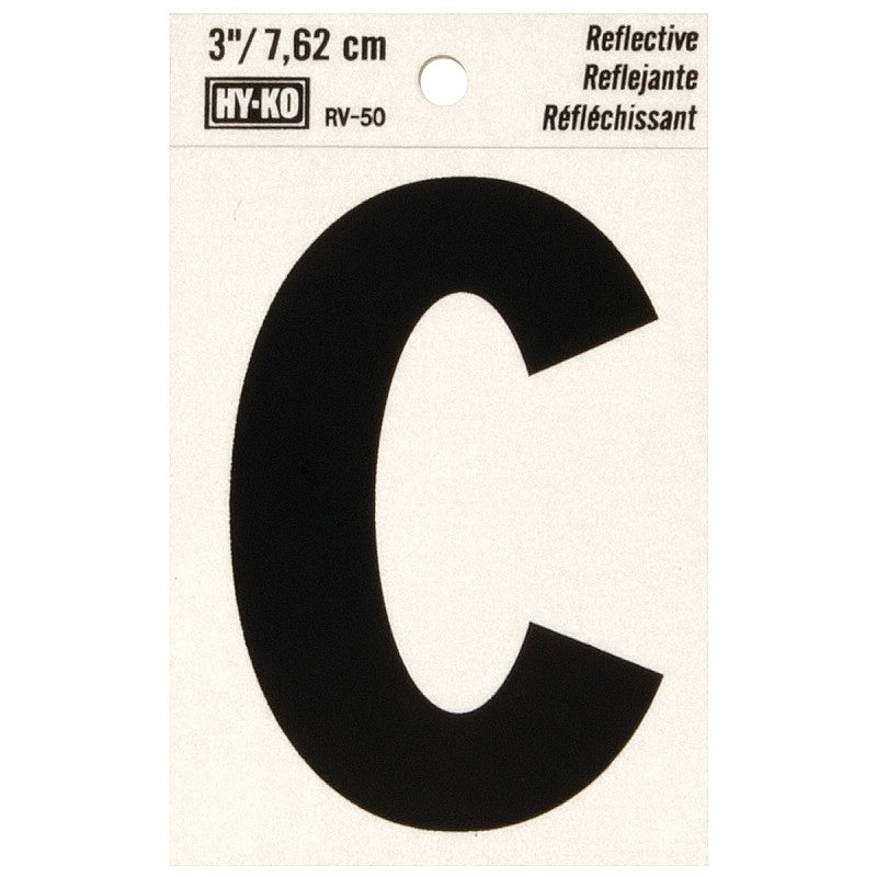 Hy-Ko RV-50/C Reflective Letter, 2-1/2 in W x 4 in H Dimensions, Character: C, 3 in H Character, Black Character, Vinyl (Pack of 10)