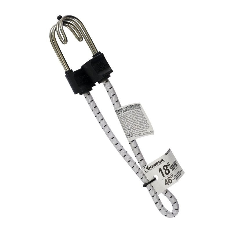 Keeper A06272Z Bungee Cord, 0.315 in Dia, 18 in L, Rubber/Steel, Black/White, Hook End