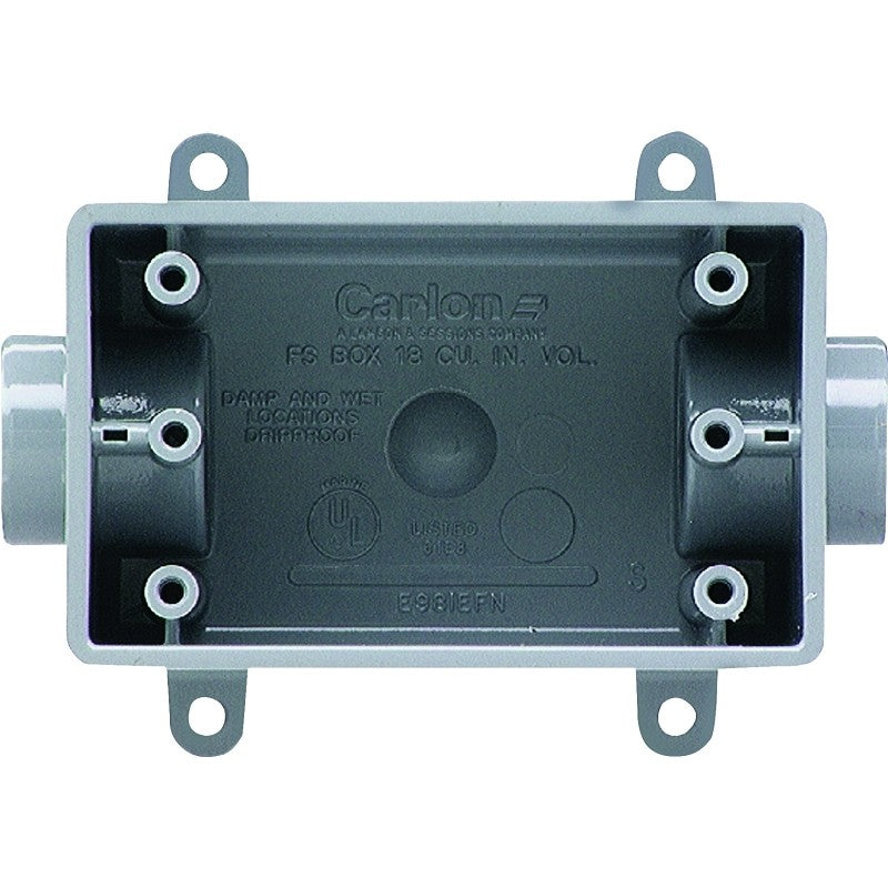 Carlon E981DFN-CTN Switch Box, 1-Gang, 2-Outlet, PVC, Gray, 1/2 in Hub