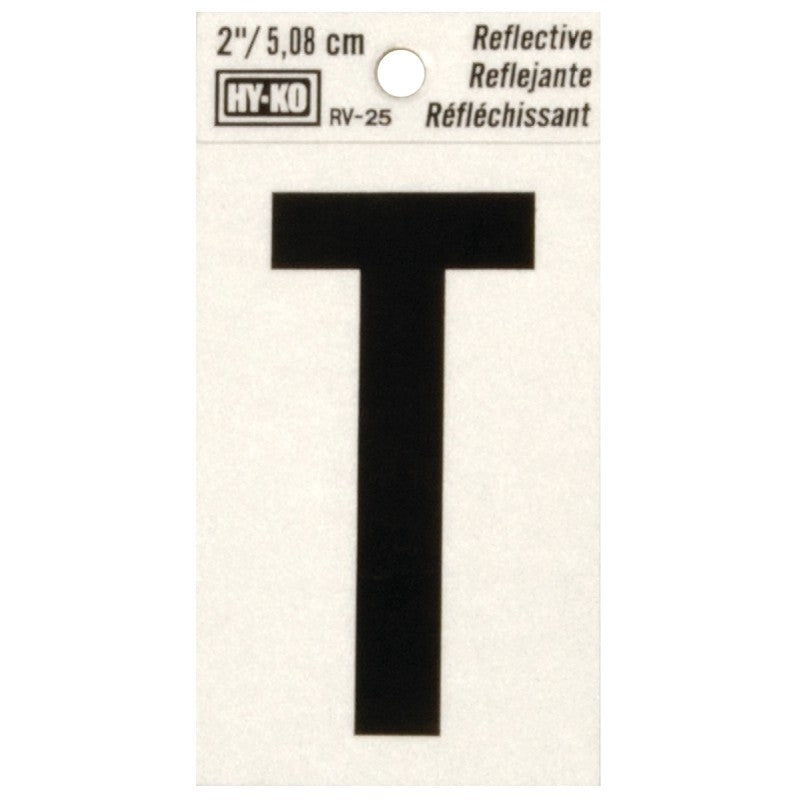 Hy-Ko RV-25/T Reflective Letter, 1-1/2 in W x 3 in H Dimensions, Character: T, 2 in H Character, Black Character, Vinyl (Pack of 10)