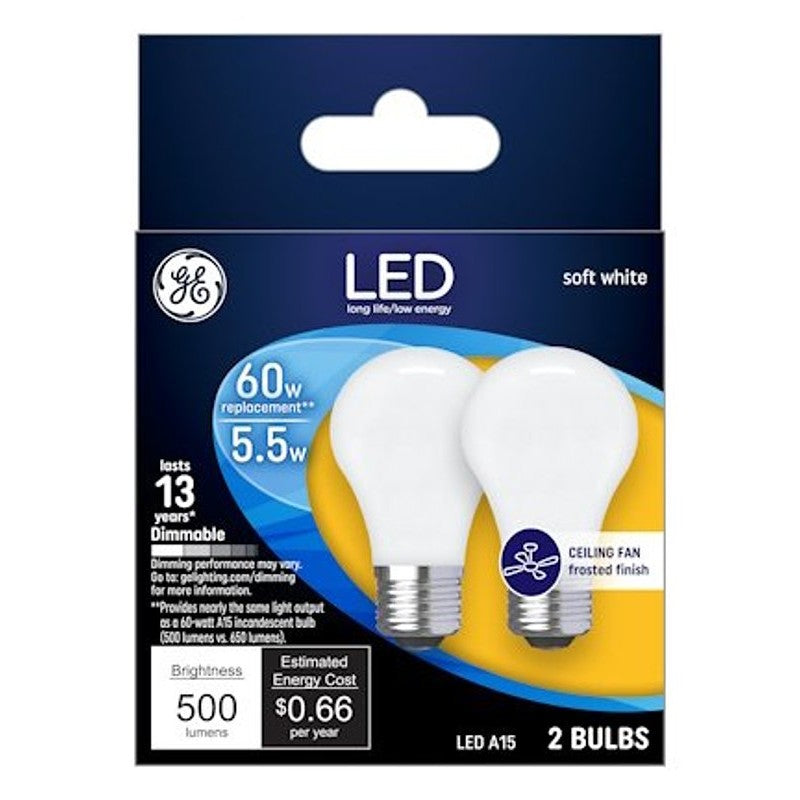 GE 25986 LED Bulb, General Purpose, A15 Lamp, 60 W Equivalent, E26 Lamp Base, Dimmable, Frosted, Soft White Light