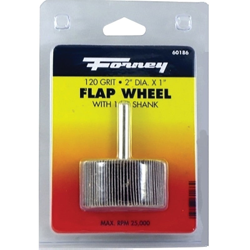 Forney 60186 Flap Wheel, 2 in Dia, 1 in Thick, 1/4 in Arbor, 120 Grit, Aluminum Oxide Abrasive