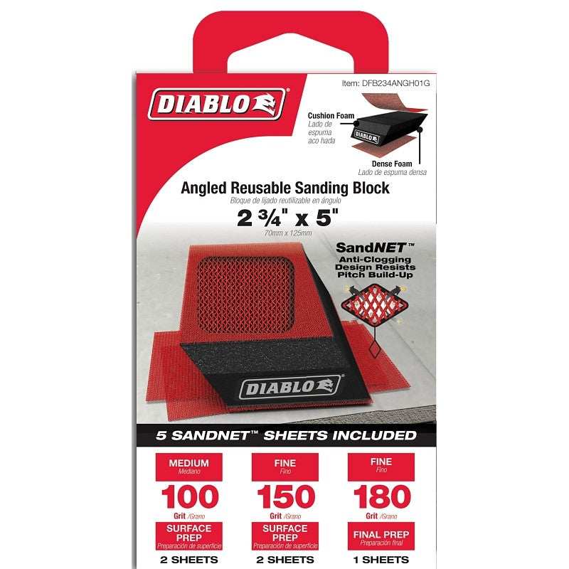 Diablo SandNET DFB234ANGH01G Reusable Angled Hand Sanding Block, 2-3/4 in L, 5 in W, 80, 120, 220 Grit, Multi-Grade