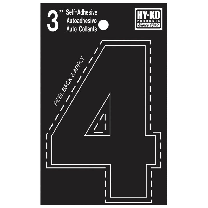 Hy-Ko 30400 Series 30404 Die-Cut Number, Character: 4, 3 in H Character, Black Character, Vinyl (Pack of 10)